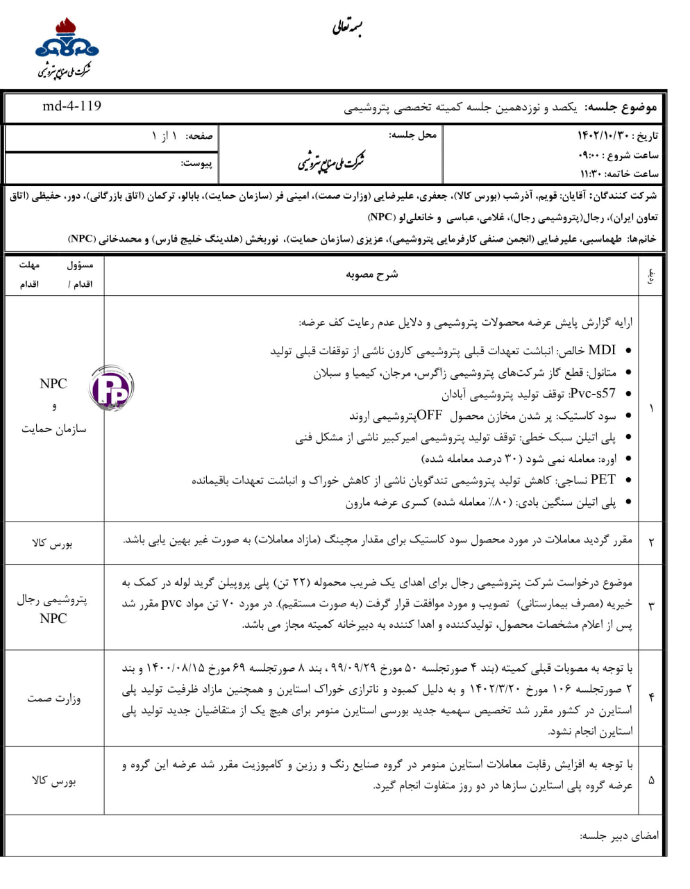 مصوبات جلسه صد و نوزدهم کمیته تخصصی پتروشیمی