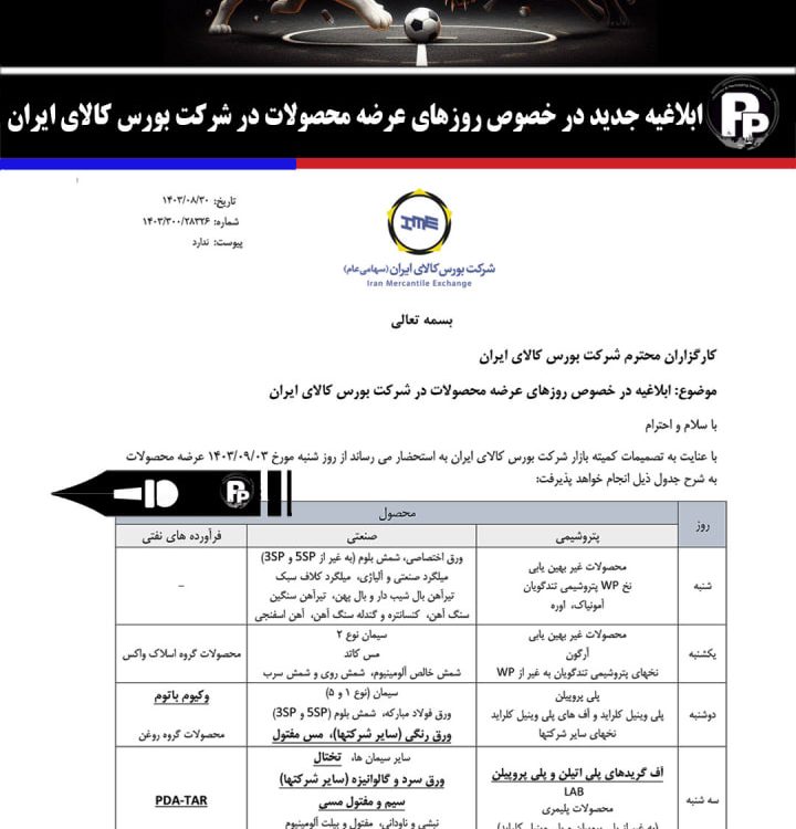 روزهای عرضه محصولات در شرکت بورس کالای ایران از 3 آذر 1403